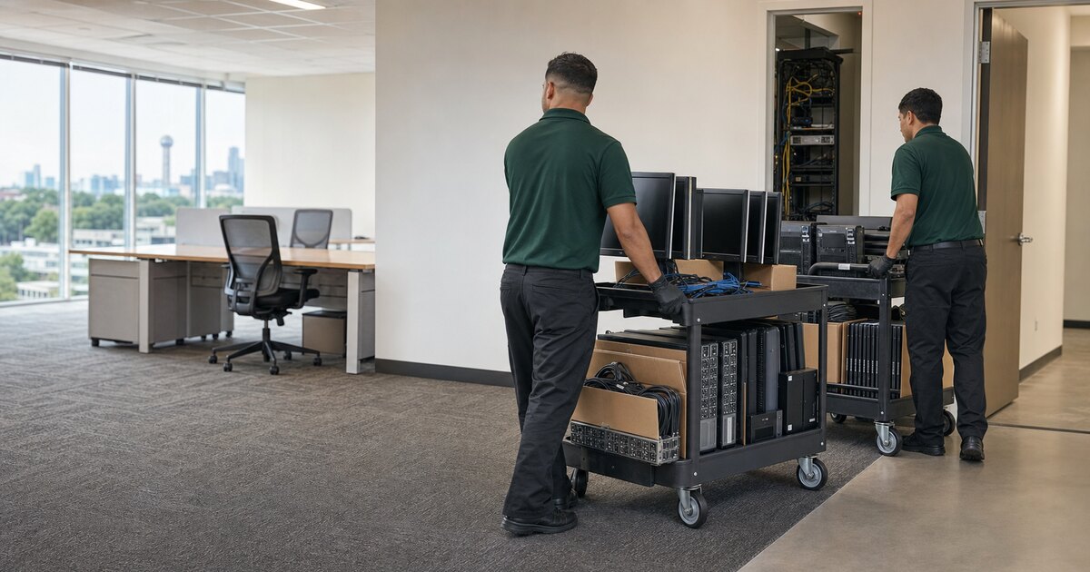GreenIT Pickup technicians moving organized computers and servers from a Dallas office