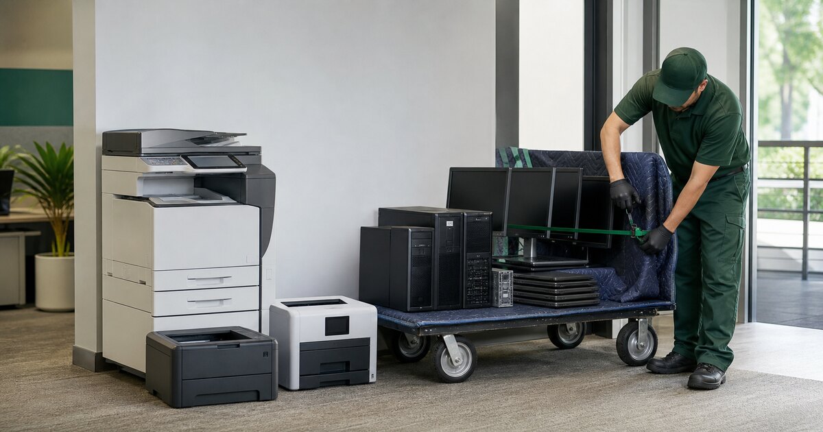 Business printers and a copier staged beside a qualifying computer and server pickup load