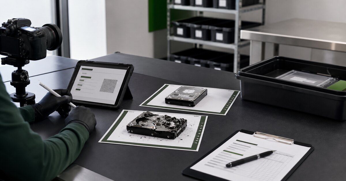 Before-and-after hard drive evidence being photographed and recorded for a destruction report